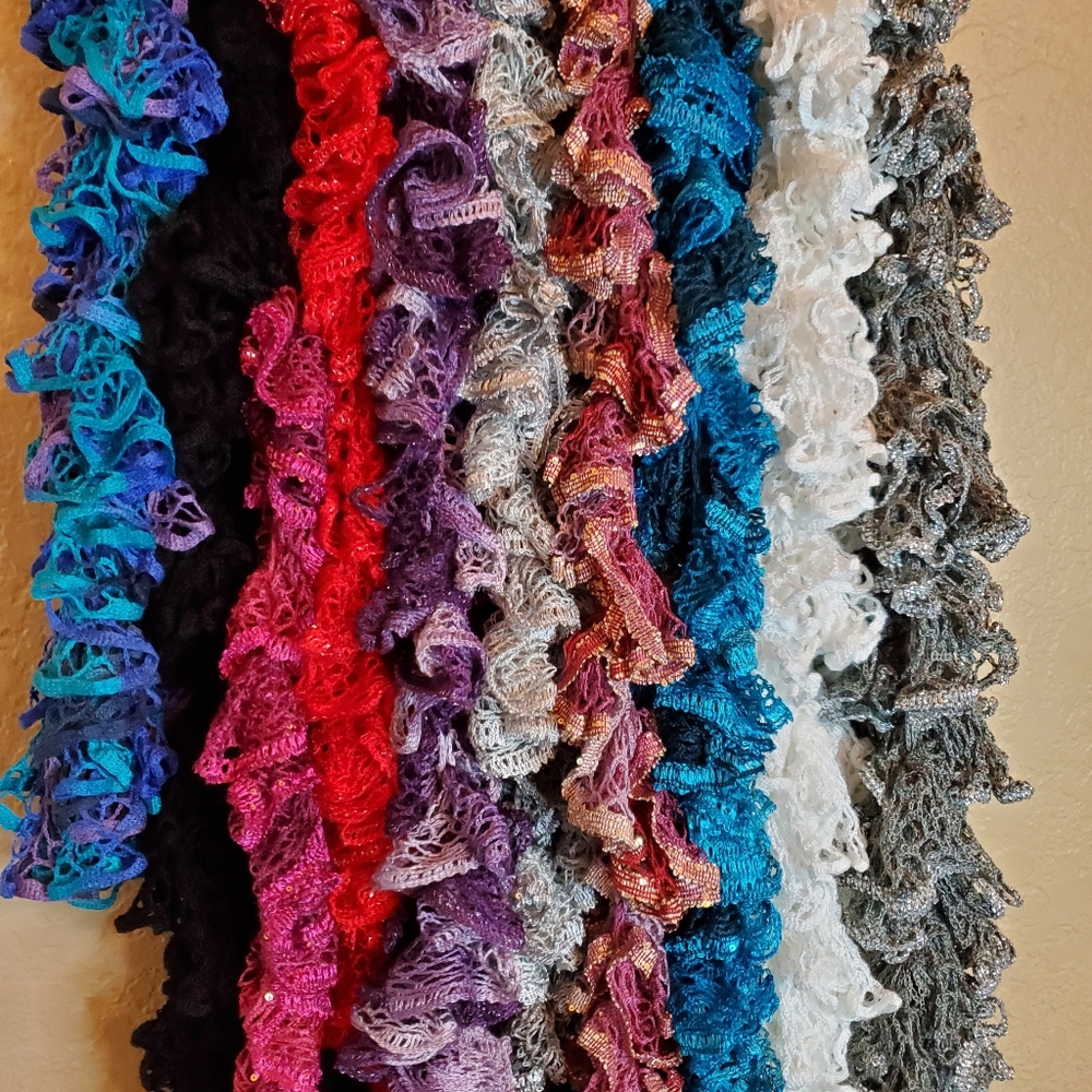 Hand Crocheted Set of 10 Ruffle Scarves, Some Multi-Colored And Sparkly